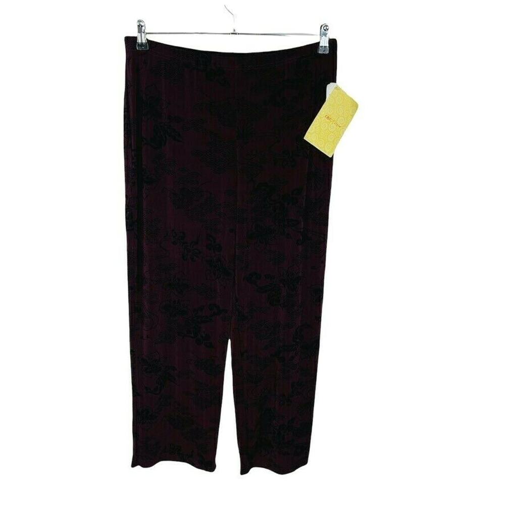 New City Knits Womans Sz Large Palazzo Pants Pull On Travel‎ Maroon Floral NWT
